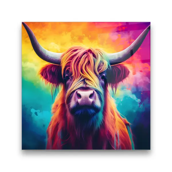 Colorful Bull - Square Wall Glass Art