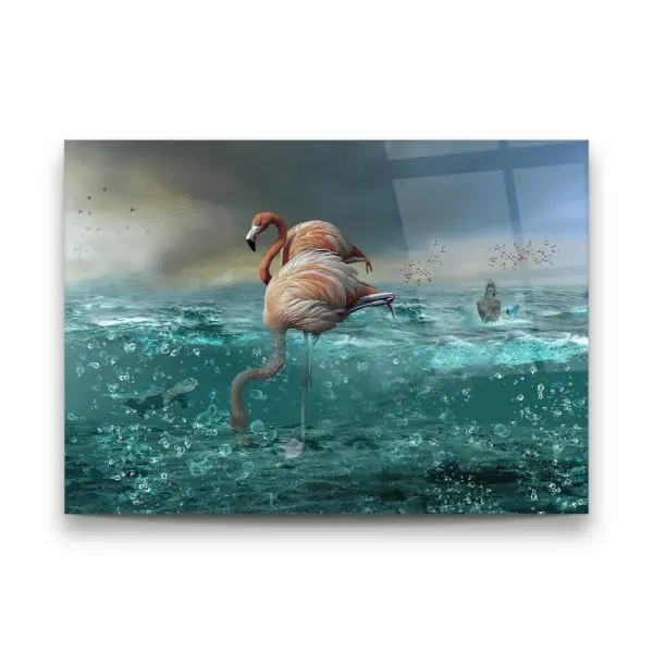 Flamingos and Sea Manipulation - Horizontal Wall Glass Art