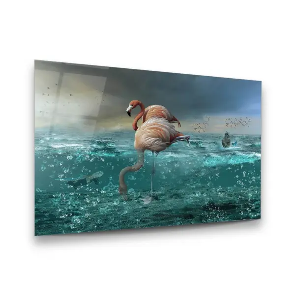 Flamingos and Sea Manipulation - Horizontal Wall Glass Art