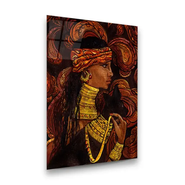 Portrait of Woman and Cat with Ethnic Floral Ornament - Rectangle Wall Glass Art