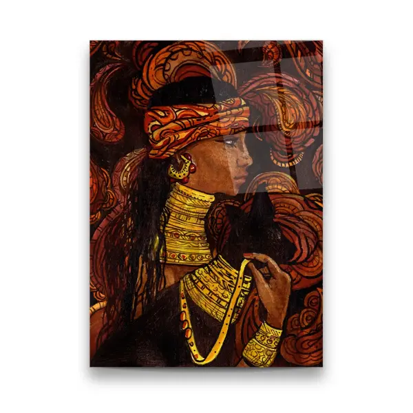 Portrait of Woman and Cat with Ethnic Floral Ornament - Rectangle Wall Glass Art