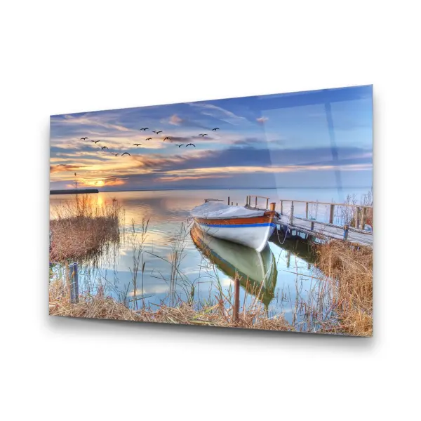 Boat Harbor and Sunset - Horizontal Glass Art
