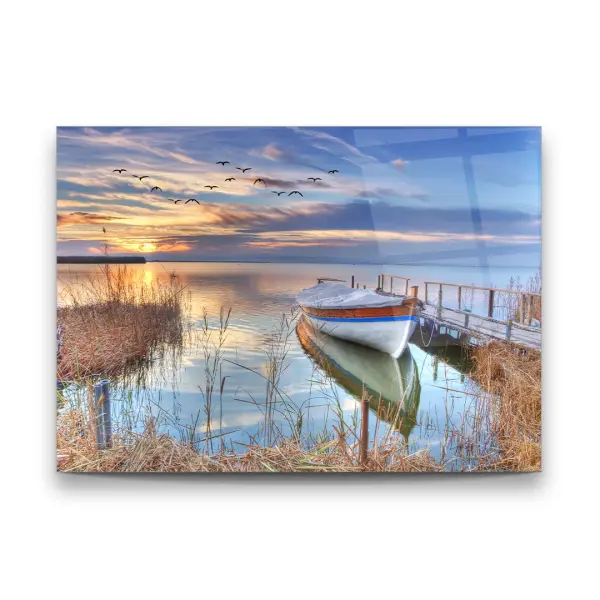 Boat Harbor and Sunset - Horizontal Glass Art