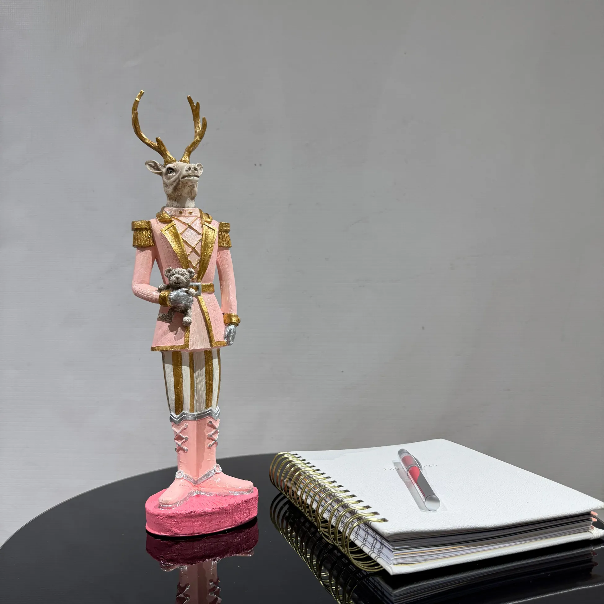 Pink Handmade Deer Figurine Holding a Teddy Bear