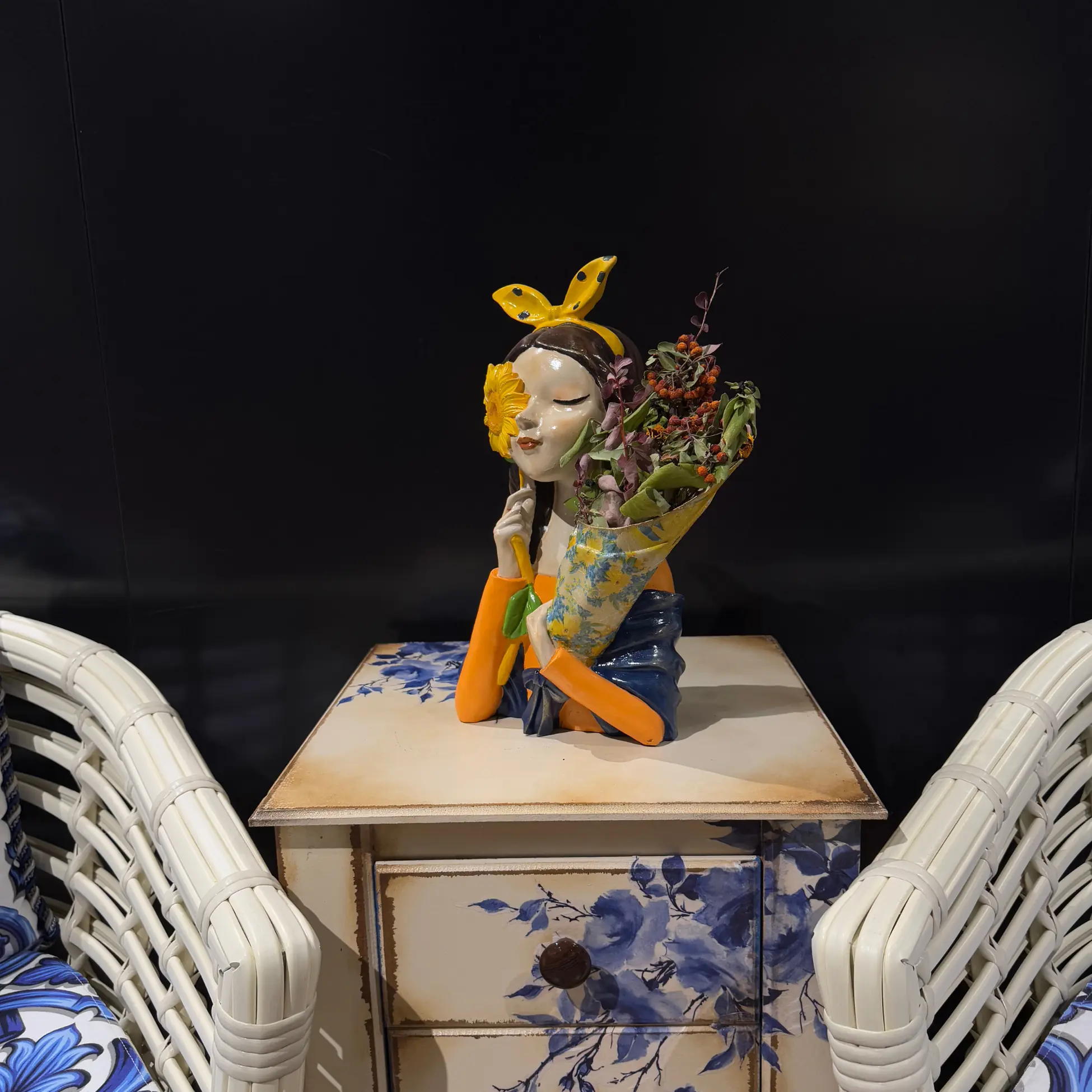 Girl Flower Vase with Yellow Ribbon and Floral Bouquet Design Handmade