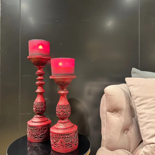 Ferozzi Handmade Ornate Red Candle Holders with Decorative Details Two-Piece Set