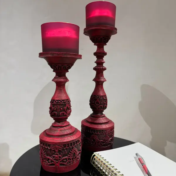 Ferozzi Handmade Ornate Red Candle Holders with Decorative Details Two-Piece Set