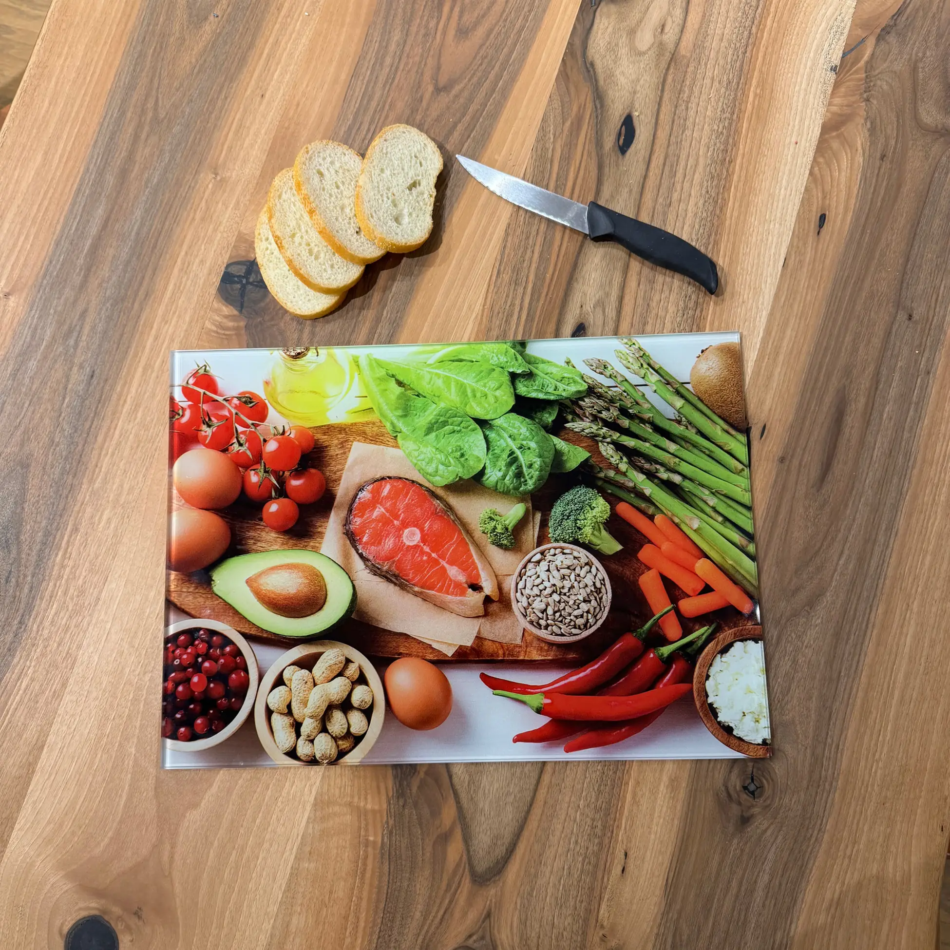 Fresh Vegetables, Salmon & Avocado Design | Durable, Shatterproof Kitchen Accessory