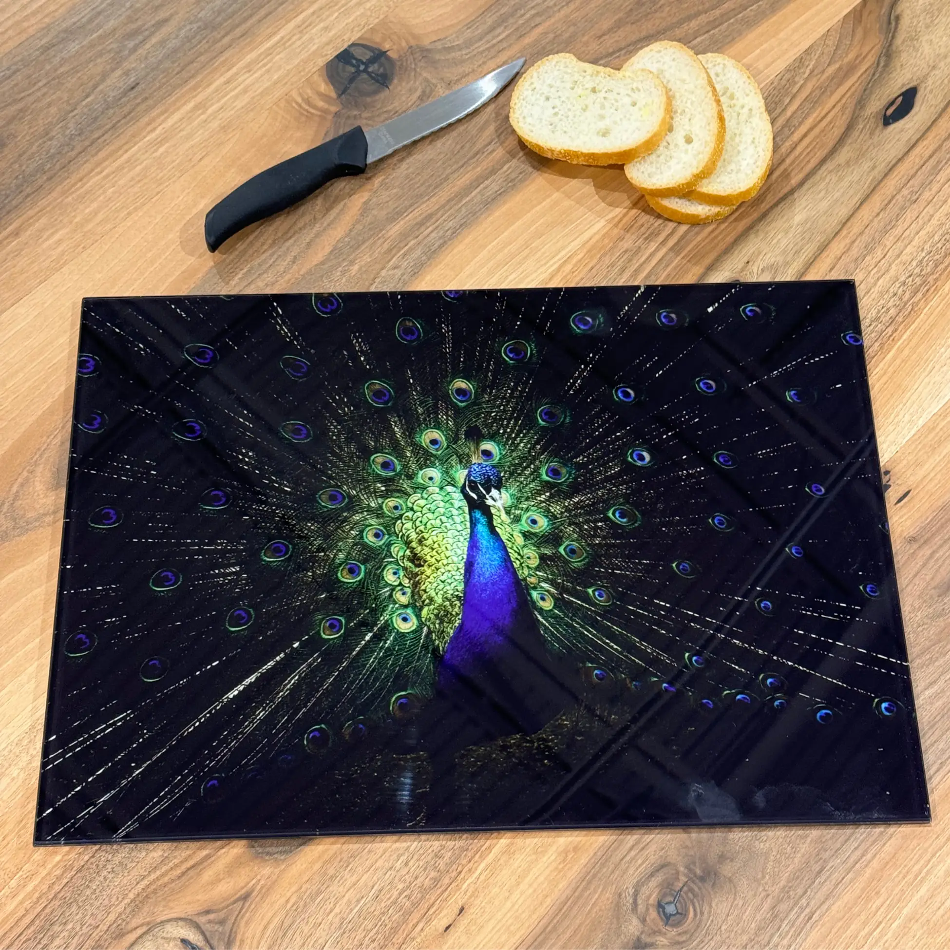 Ferozzi Tempered Glass Cutting Board with Elegant Peacock Design | Luxurious Kitchen Accessory