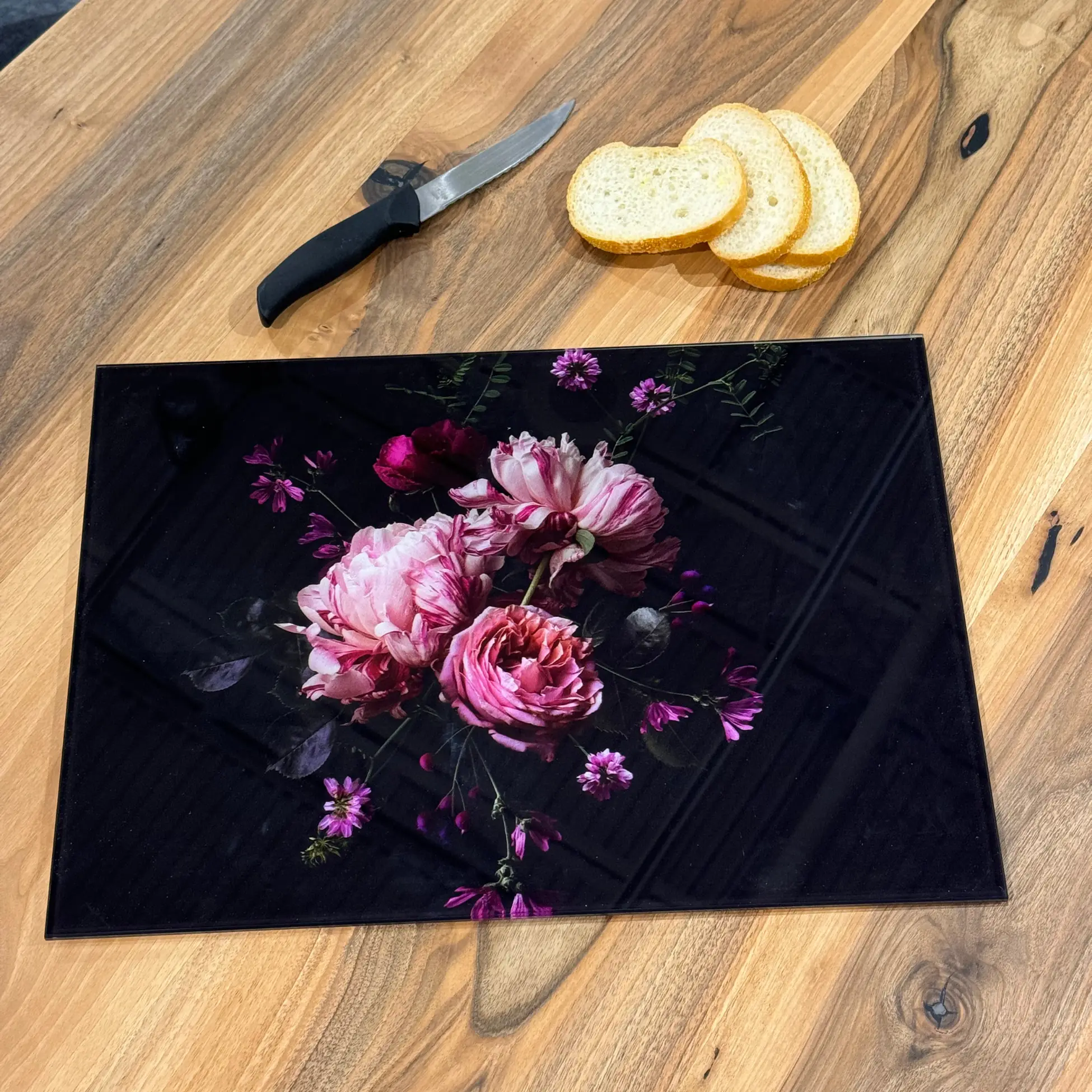 Ferozzi Tempered Glass Cutting Board with Elegant Pink Peony Bouquet Design | Floral Kitchen Accessory